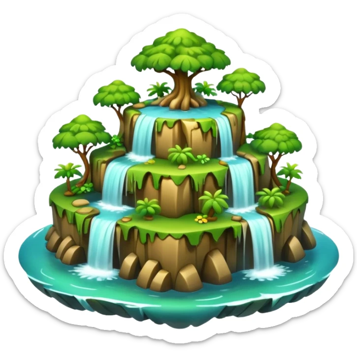 a 2d smooth not too dertailed cartoon floating island emoji with waterffalls of the sides sticker