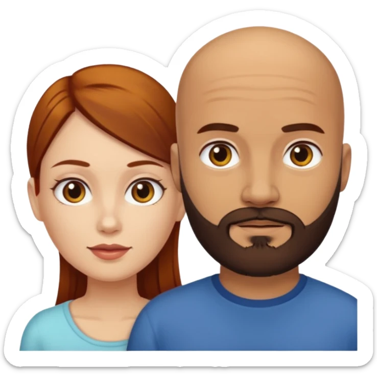 Couple. A bald man with dark brown beard and a woman with white skin and dark-yellow-auburn-brown hair. Different skincolor. sticker