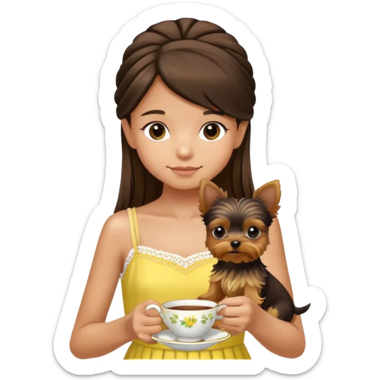 A tan 13 year old girl dark brown hair wearing a lemon dress white on top with spaghetti straps holding a teacup yorkie sticker