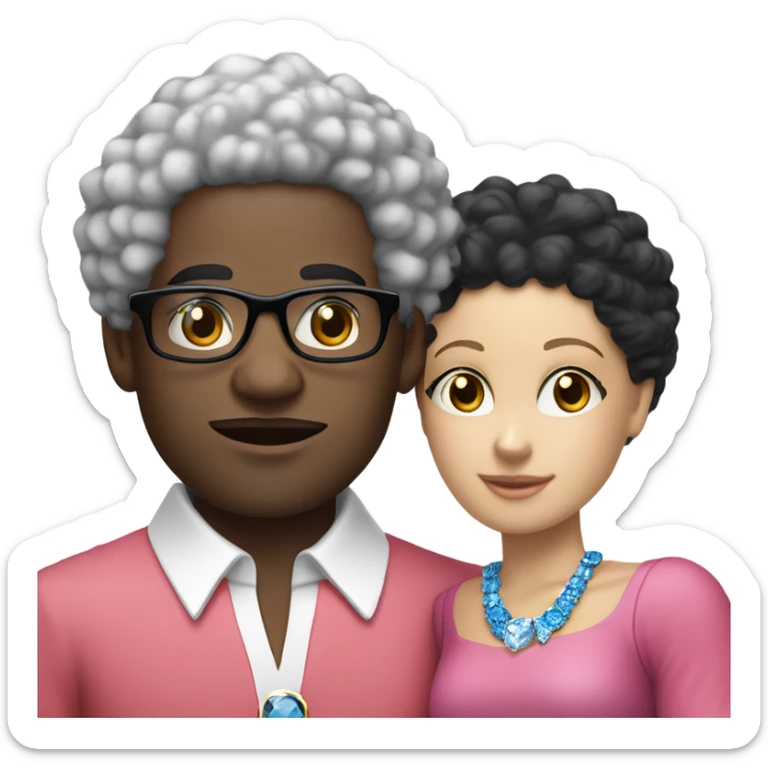 “black man with black afro and glasses and wearing a red shirt standing next to a white woman with blonde hair with blue eyes wearing a pink dress and a big diamond necklace” sticker