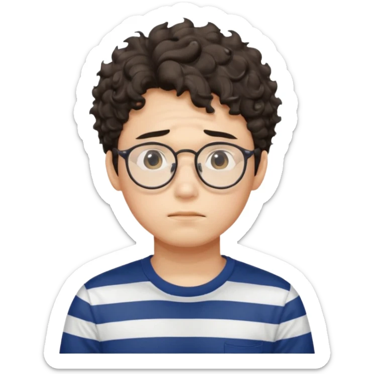  Korean male college student with a worried face , glasses with a bit curly hair, stripe t-shirt sticker