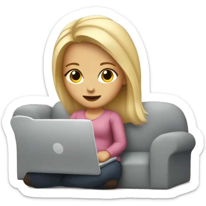 white girl with blonde hair sitting on the couch laptop on her lap sticker
