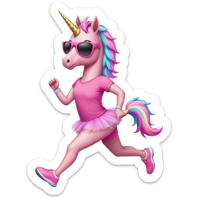 friendly anthropomorphised female unicorn with horse-like face, in tutu and pink t-shirt, wearing dark sunglasses, jogging upright in relaxed pose sticker