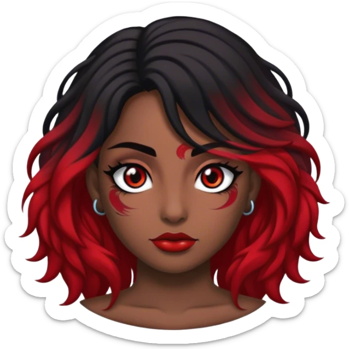 Mulher de cabelo vermelho escuro, olhos negros, sobrancelha preta, óculos e tatuagem no colo sticker
