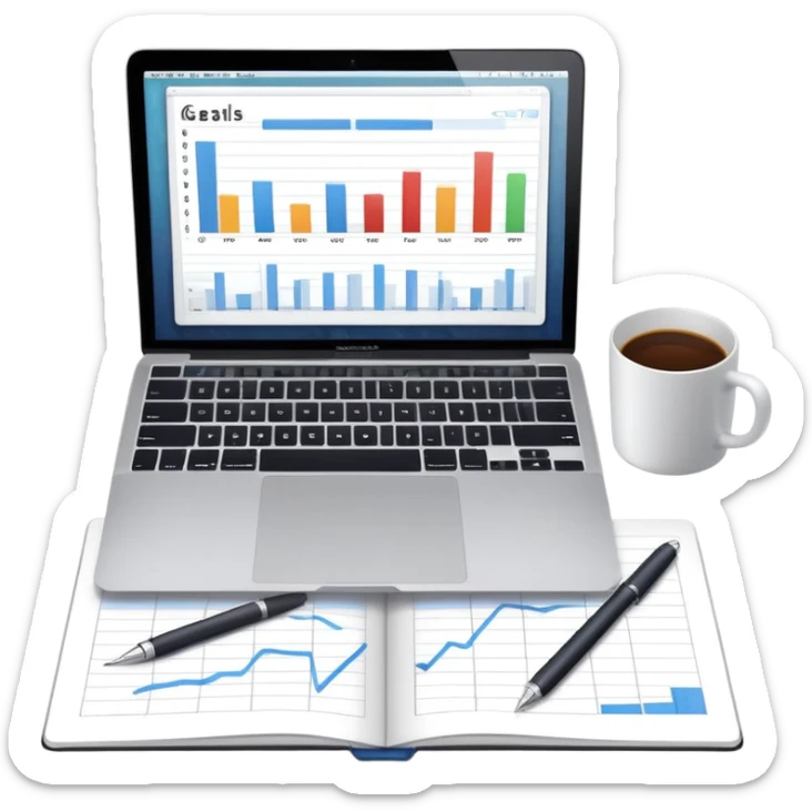 top view of a MacBook and a notebook with a pen nearby, notebook pages filled with handwritten bar charts sticker
