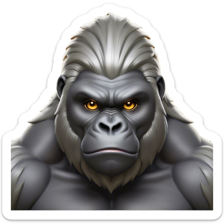 Cinematic Noble Silverback Gorilla Portrait Emoji, Poised and majestic, with a powerful, muscular frame accentuated by a distinguished silver mane and piercing, wise eyes, Simplified yet sharp and sophisticated features, highly detailed, glowing with a soft, regal jungle glow, high shine, intelligent and commanding, stylized with an air of imperial strength, focused and resolute, soft glowing outline, capturing the essence of a watchful guardian that feels as though it could step out of the screen with effortless authority! sticker