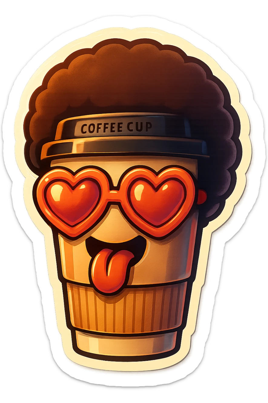 Tall coffee cupp, afro, heart glasses, big heart eyes, tounge rolled out sticker