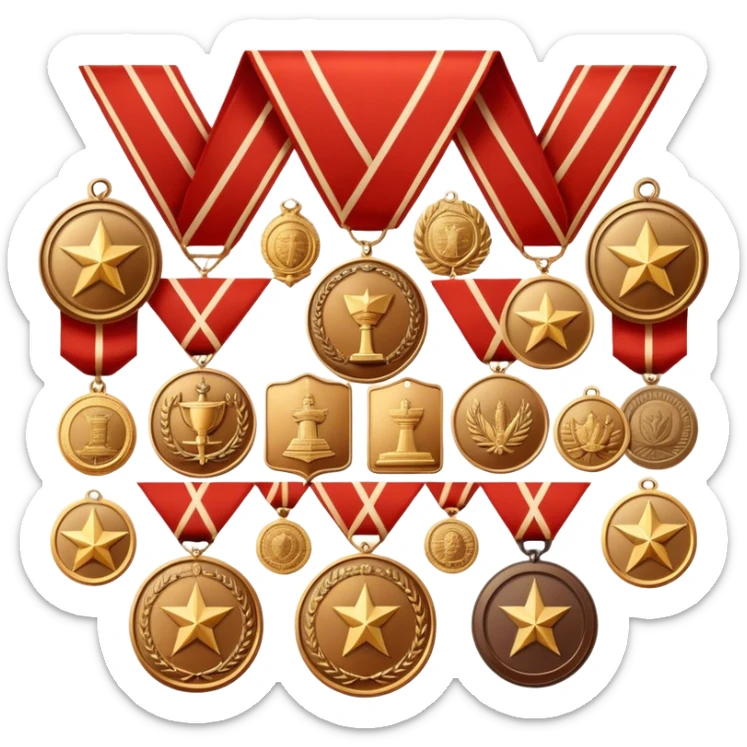 Icon for Collecting Orders, Medals & Badges: a variety of vintage orders, medals and badges, displayed neatly on a big red pennant or in a display case. The icon should reflect the honor and historical significance of these collectible items. Transparent background. sticker