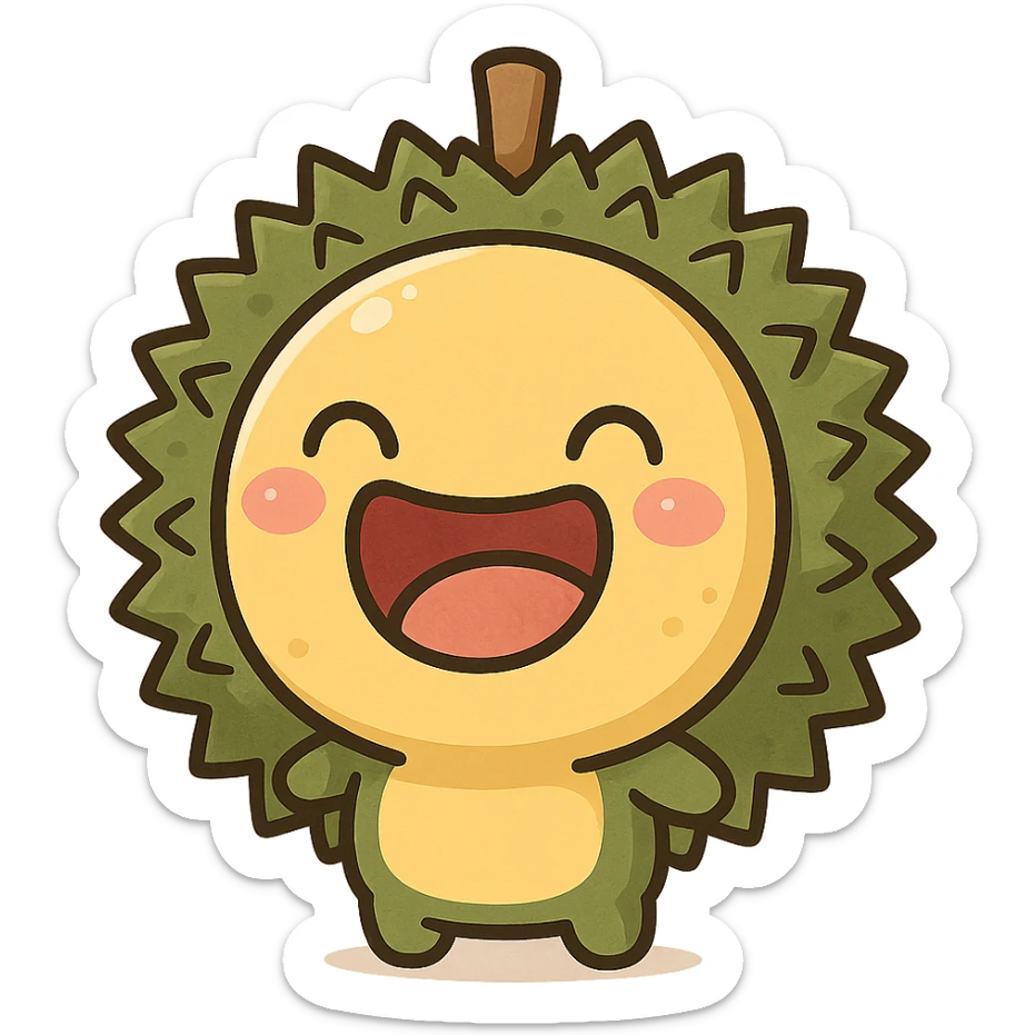 chibi style round durian character with green spiky shell and yellow flesh, laughing with eyes closed and mouth wide open, kawaii style, full-body sticker
