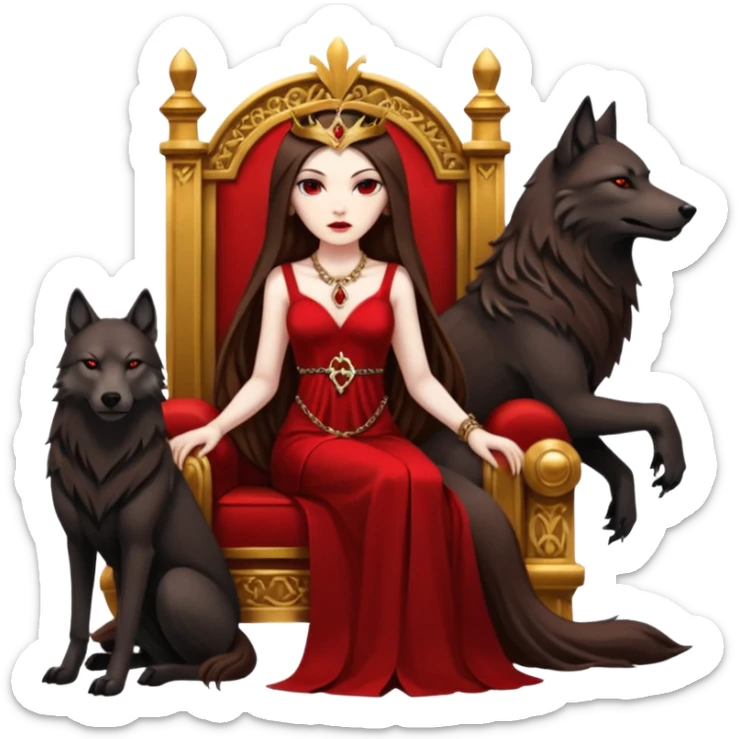 Lilith symbol seductress evil brown straight long hair haired, sexy succubus woman with red and black Chanel dress sitting on a Black and gold throne. A large black wolf laying beside he sticker