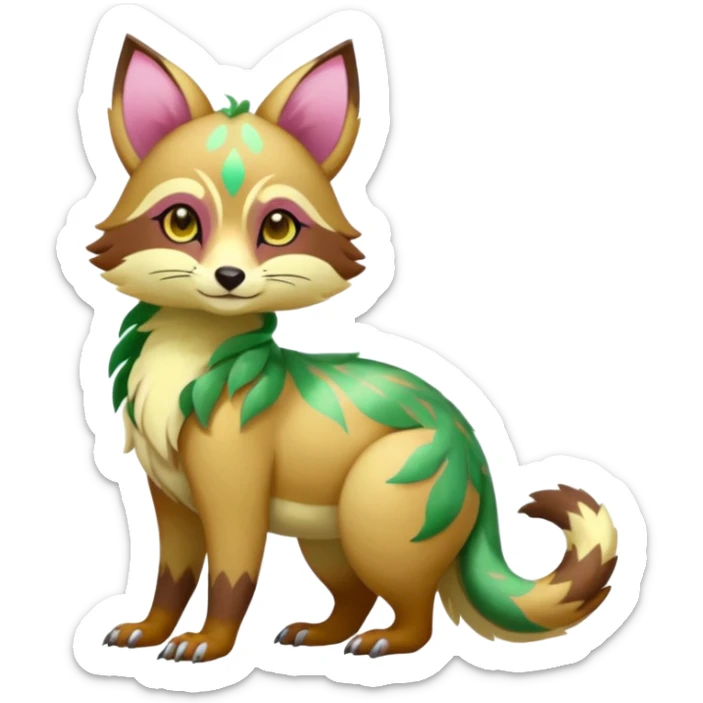 Colorful brown with rose pink, yellow-beige-cream, jade-green tropical exotic shiny beautiful fantasy-Vernid-Cacomistle-animal-Fakémon-hybrid-fursona (full body) sticker