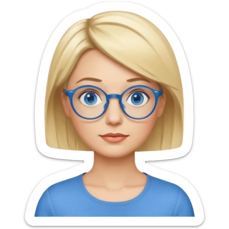 femme 40 ans cheveux très courts blond avec raie sur le coté, yeux bleu et lunettes rondes bleues sticker
