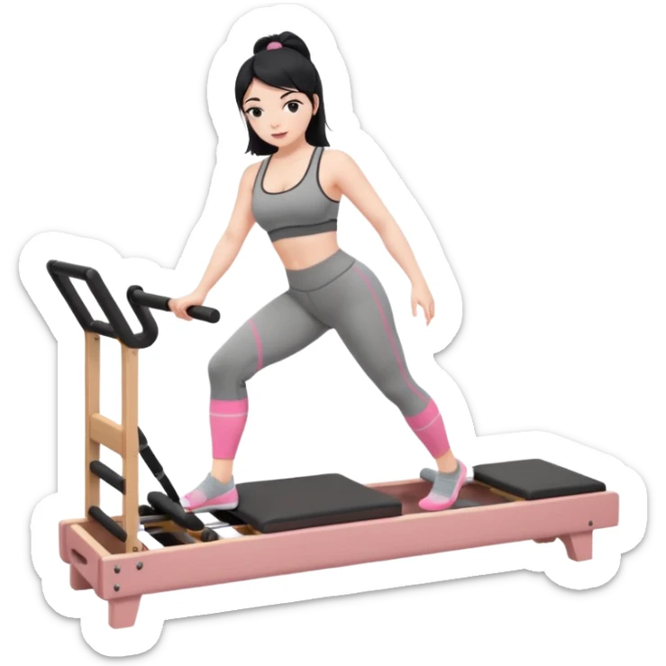 Create a Pilates emoji: a girl with fair skin and black hair, wearing a grey bra and grey leggings with pink pilates socks, exercising on a wooden reformer and not looking at the camera. Make the colors neutrals. sticker