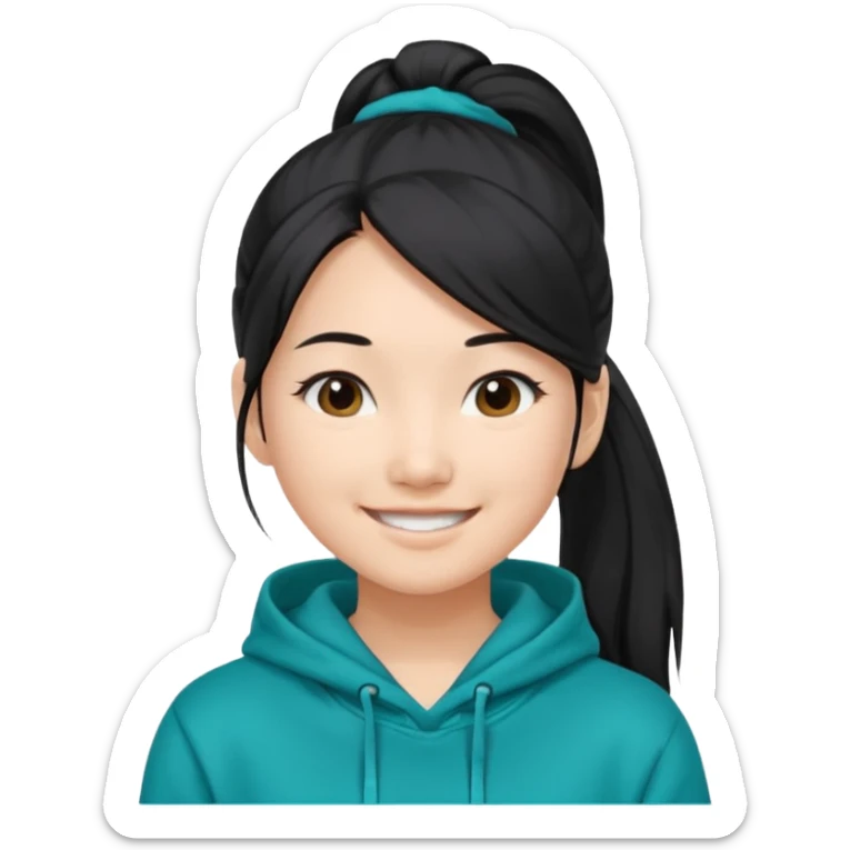 generate an asian female with long black hair in a ponytail and a teal hoodie sticker