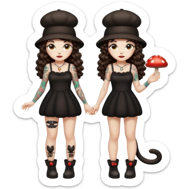 full body woman long curly brown hair brown eyes white skin tattoos black cat at feet, both wearing matching mushroom hats sticker