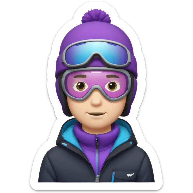 male Pro Snowboarder with white and grey beanie, ONE pair of purple and blue frameless goggles on and a black jacket sticker