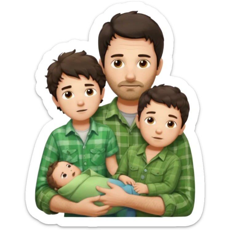 A father with messy medium-length dark hair and light stubble, wearing a green flannel shirt. He holds his one child who has short curly brown hair and a cream-colored romper. Cozy warm lighting, authentic family moment. sticker