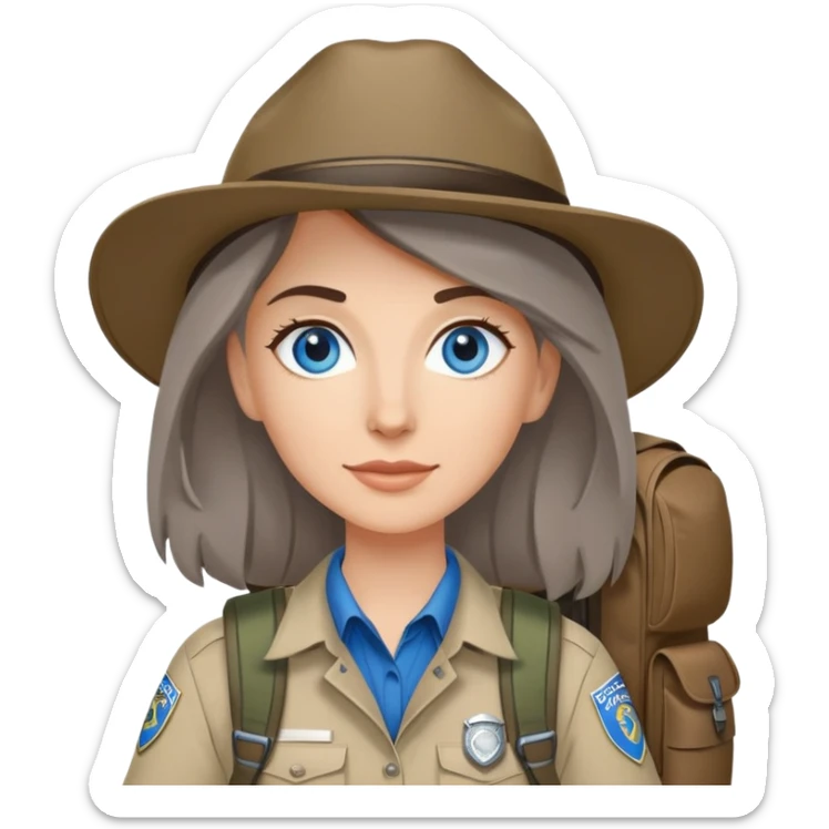 white woman park ranger with blue eyes, brown and gray hair, wearing a backpack sticker
