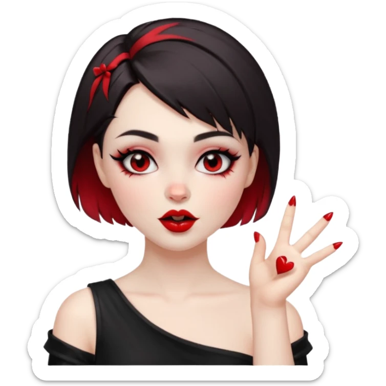 A girl with goth makeup and short hair( dark brown and bottom of hair red) winking and blowing kiss while raising one shoulder.  sticker