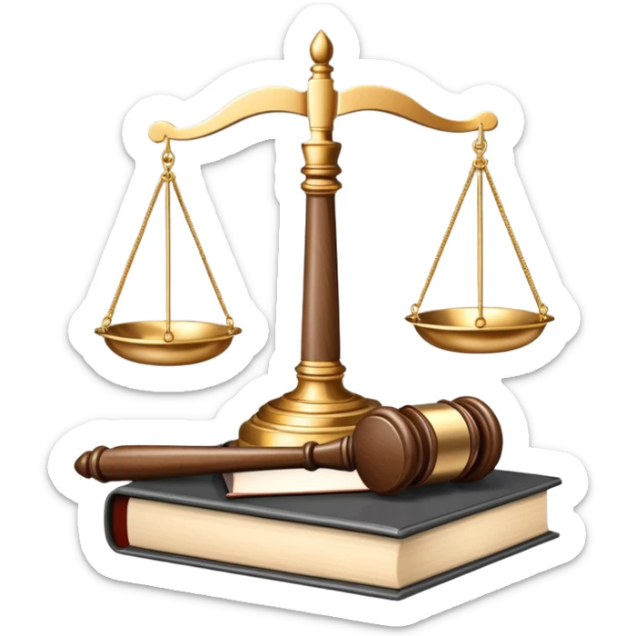 An icon featuring a gavel, legal scales, and a law book, symbolizing the study of law. The design includes a courthouse silhouette in the background, representing justice and legal systems. Transparent background highlights the principles of law and legal practice. sticker