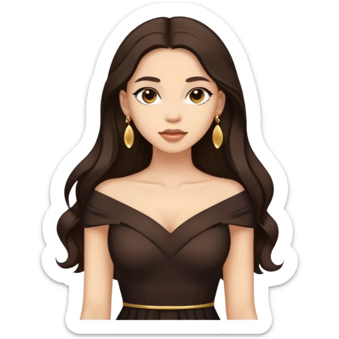 Beautiful woman,cute, long dark brown hair in dark dress with gold earrings sticker