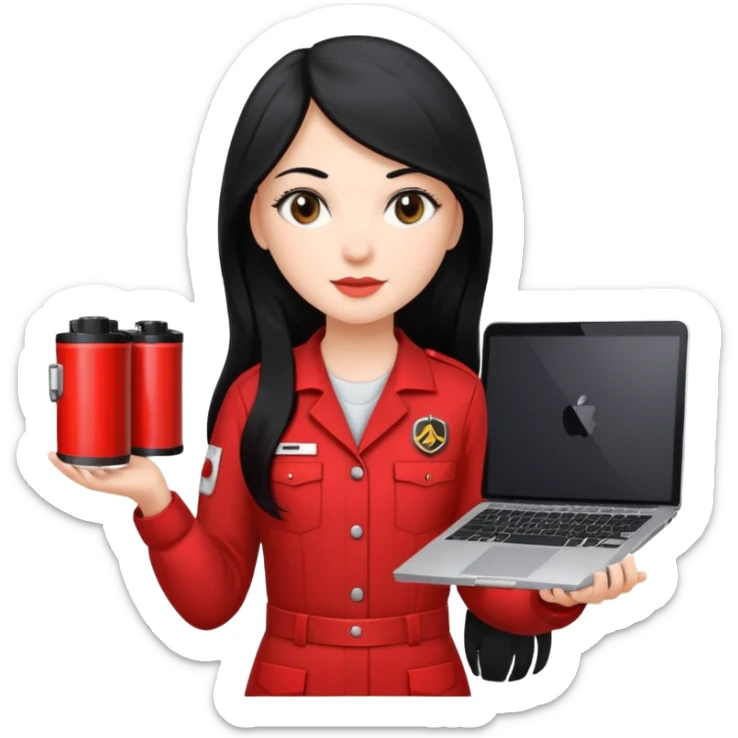 Gere um emoj estilo IOS de uma garota branca, de longos cabelos pretos vestida com um uniforme vermelho de mecanica,ela segura em uma das maos um filtro de oleo e na outra um mackbook sticker
