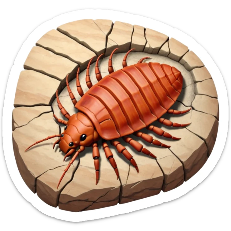3D render of Trilobite, embedded in a chunk of rough sedimentary rock, cracked stone texture, ancient fossil aesthetic, fossilized in reddish sandstone rock, matte dry finish, Apple emoji style, isolated on white background --v 6.0 sticker