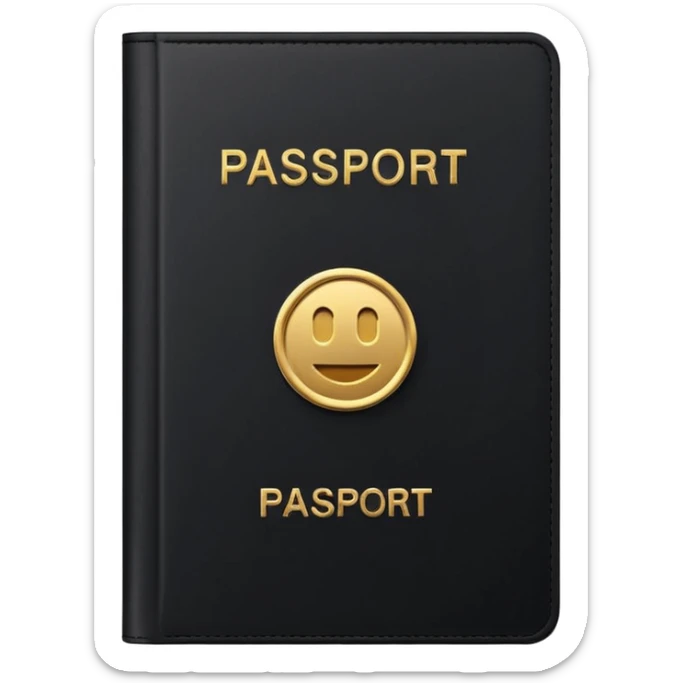 Minimal emoji icon of a black passport, matte cover, simple gold emblem, clean lighting sticker
