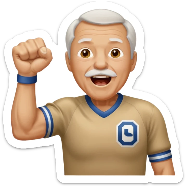 A grandpa in a vintage jersey, pumping his fist and shouting proudly. sticker