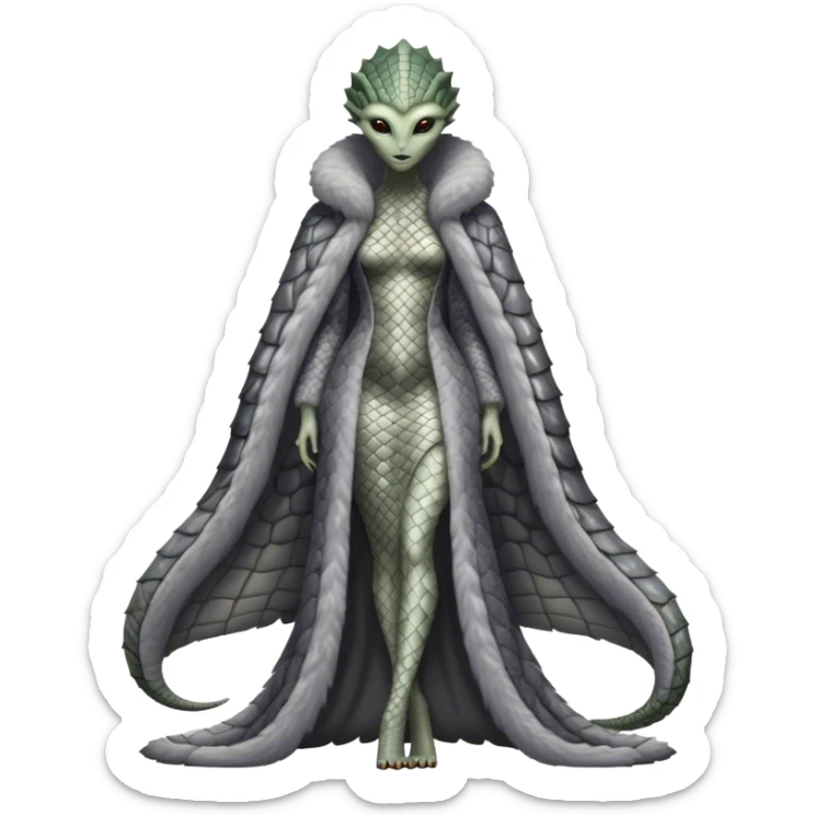 a Reptilian alien woman, in gray dress, in fur coat, full body sticker