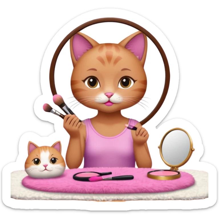 Show me a picture or a girl cat sitting in a cute room doing makeup into a pink little mirror sticker