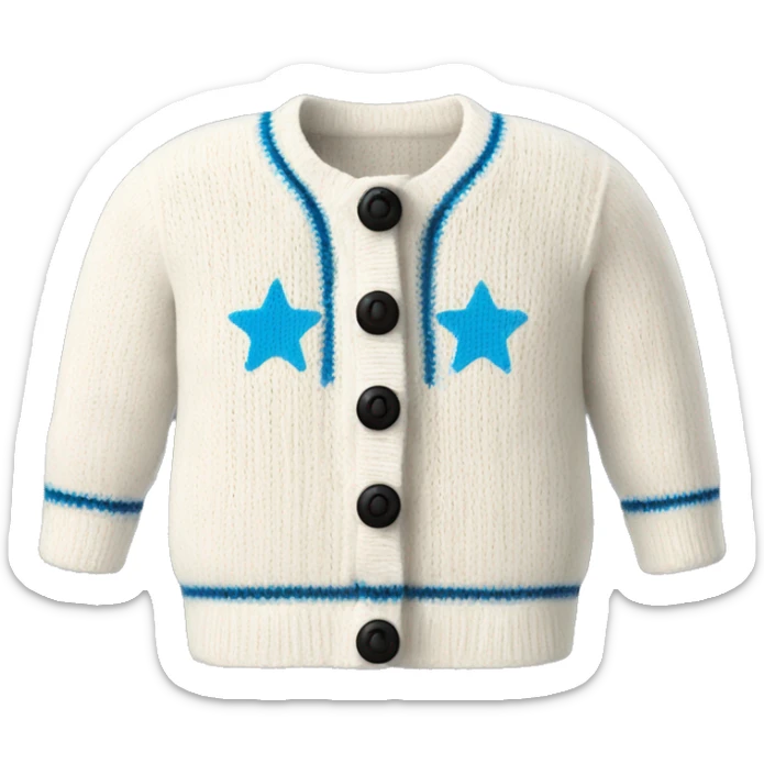 Knitted white cardigan with black detailing on the bottoms and sleeves and near the three buttons and three blue stars on each sleeve  sticker