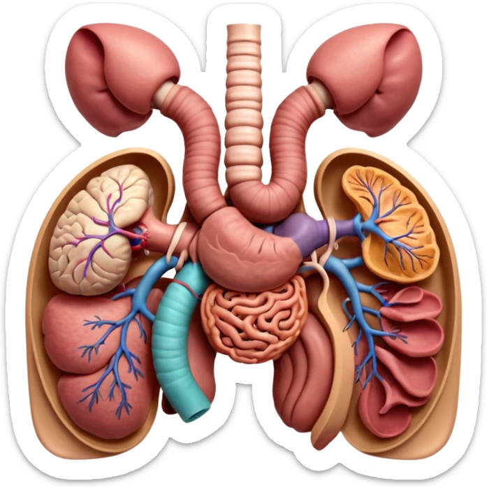 A highly detailed 3D accurate and anatomical model of the belly of a human, including the intestines, stomach, kidneys etc. Medical illustration style, realistic lighting, neutral background, hyper-detailed, scientific accuracy, 8K resolution sticker