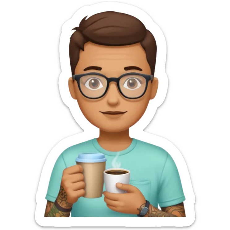 gözlük takan, dövmeli ve elinde kahve tutan, yaz kıyafetli insan. sticker