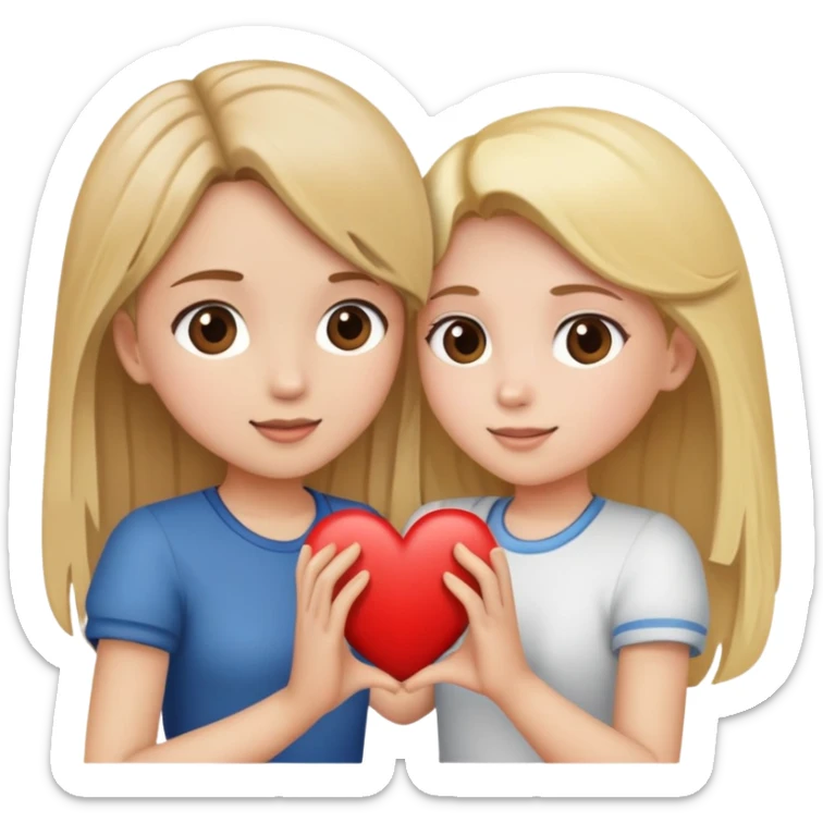 A girl with blonde hair and a girl with brown hair doing a heart sticker