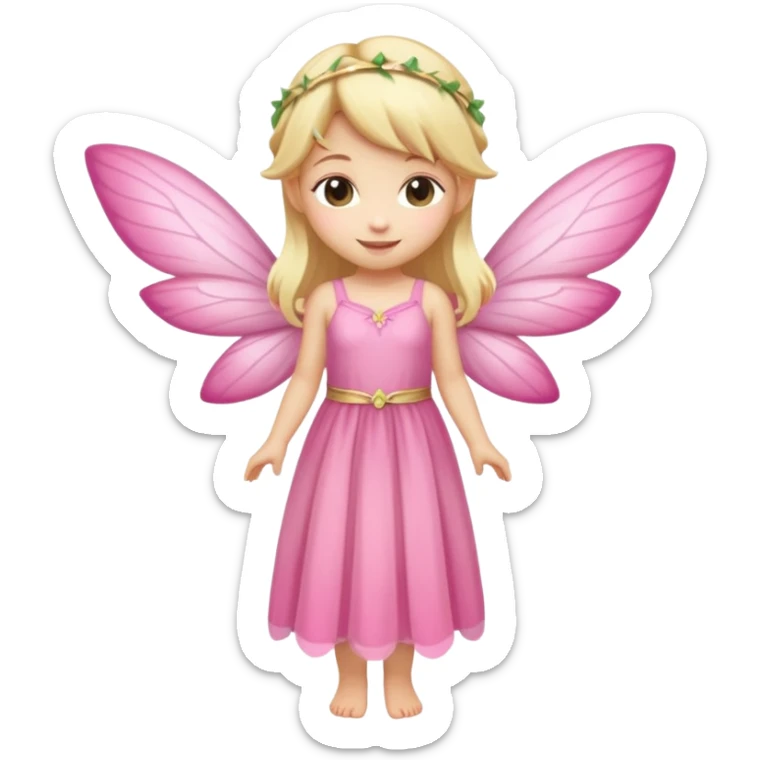 fairy with blonde hair, pink wings and long dress, happy, chibi full body sticker
