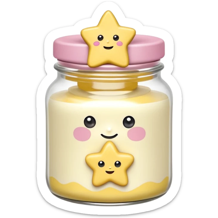 Una miniatura fotorrealista de una mantequilla corporal batida en un tarro, decorada con una pequeña figura sólida en forma de flor o estrella en la parte superior. Estilo: postre, arte, colores vibrantes. sticker