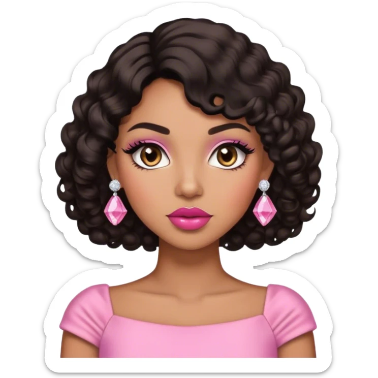 light brown skin tone, very beautiful woman, with big plump lips, long long lashes, black curly bob, brown eyes, pink dress, diamond stud earrings sticker