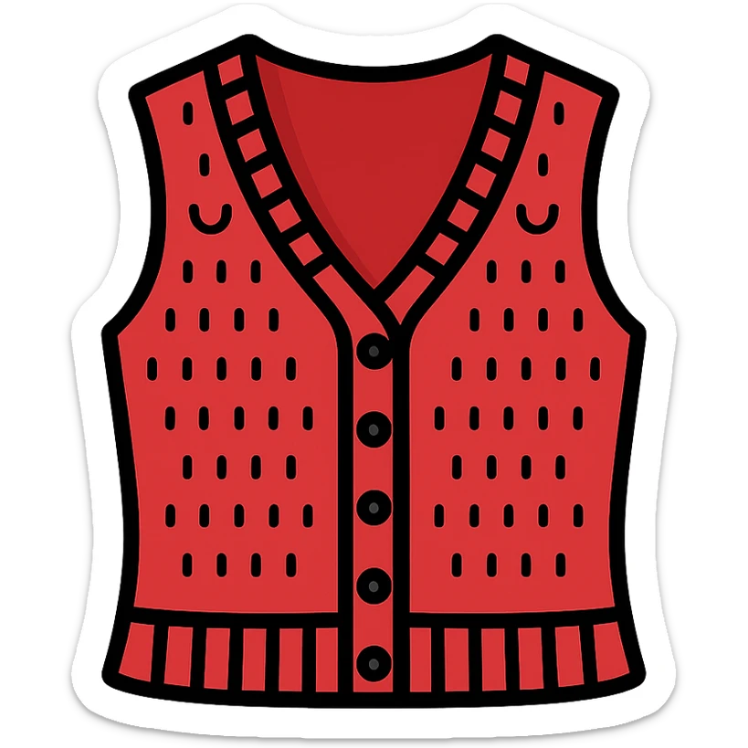 illustration of red Barry vest Sézane, visible knit texture, feminine cut, aligned buttons, transparent background, elegant and recognizable style for knitwear category sticker