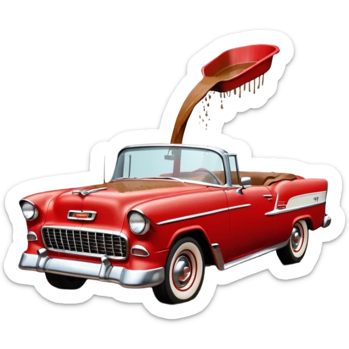 1955 Chevrolet Bel Air Convertible, Red-White color, with a bucket of brown mud pouring down on it, and the car itself is covered in brown mud on the sides that has stuck.32x32 pixels, aspect ratio: 1:1 sticker