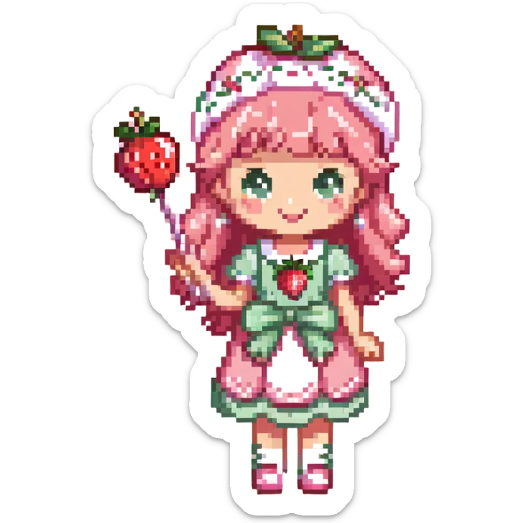 little girl in a strawberry shortcake dress, holding a candy wand, pastel background sticker