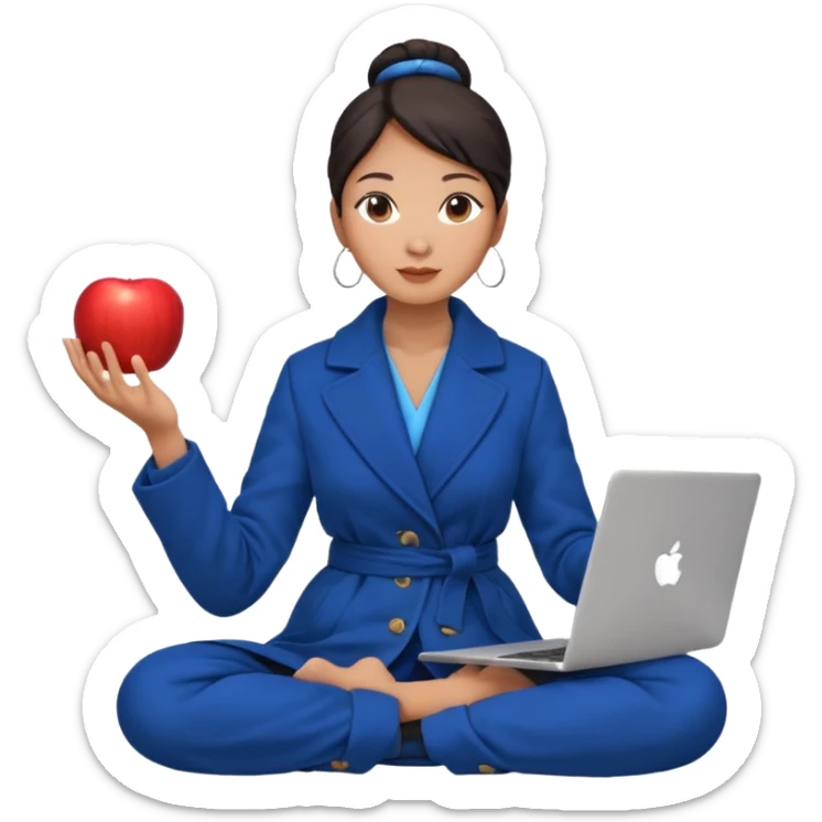 emoji of an asian woman with a single bun in a long blue coat sitting cross legged with dna levitating above one hand and an apple laptop above the other hand sticker