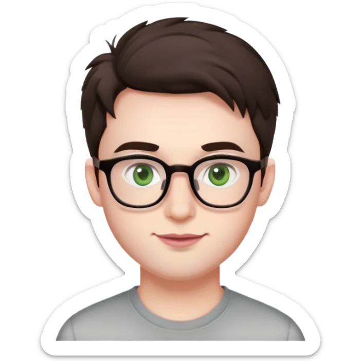 Young man with short but voluminous poofy dark brown hair, green eyes wearing glasses, wide face with eyes set apart, bigger ears, very pale skin, slightly bigger nose, fuller darker pink lips with a smile, and very light stubble sticker