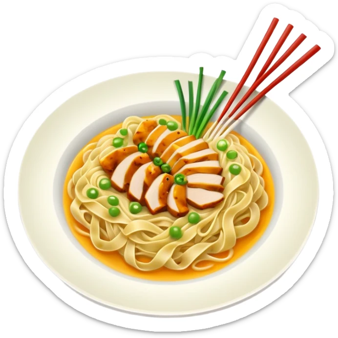 A plate of noodles with yellow sauce and chicken at the top sticker