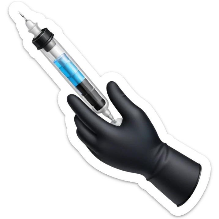 mano con guante medico de color negro sosteniendo una jeringa sticker