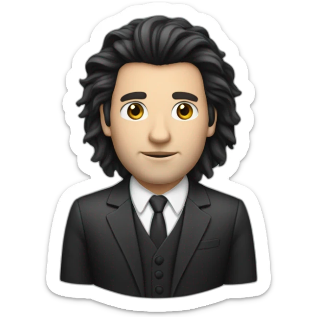 Caucasian man with black lion's mane hair and wearing a suit sticker