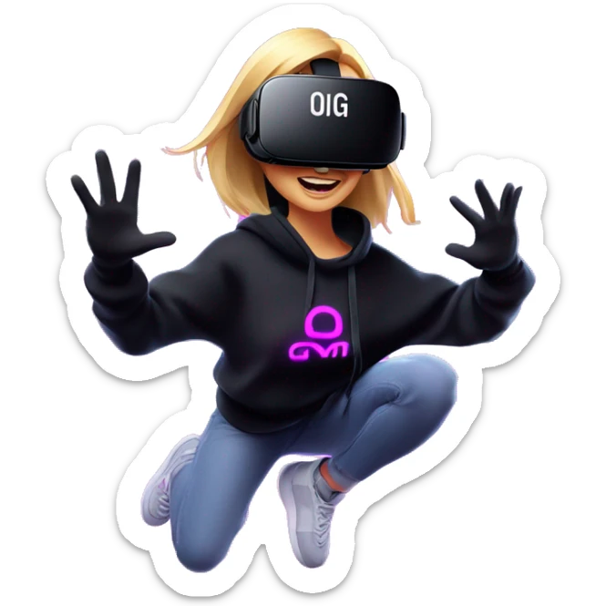Russian girl wearing black hoody with violet letters "OMG", in vr headset oculus quest2. jumping. Cyberpunk style. Violet neon. sticker