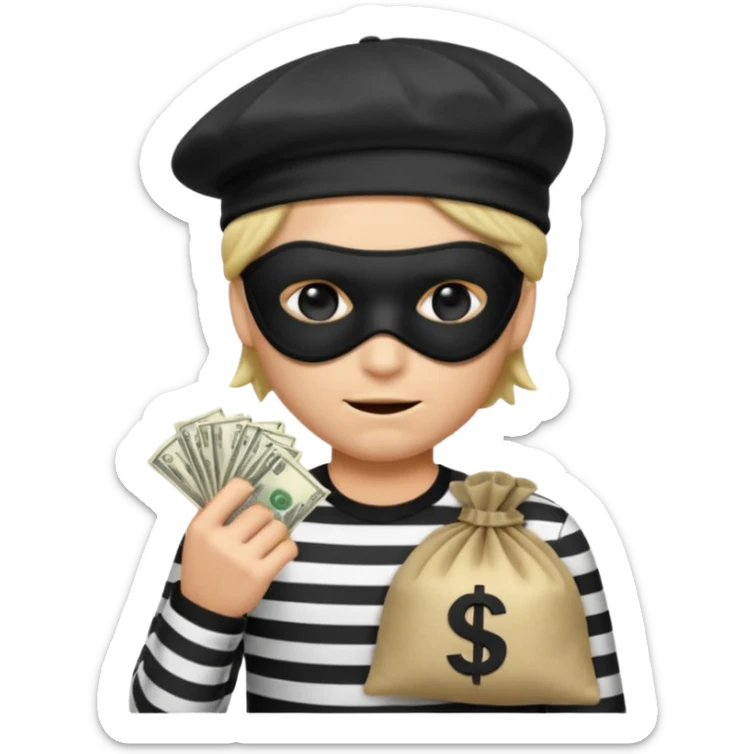 a short ios emoji-style portrait of a classic burglar, a black eye mask (looks like a blindfold) and a black-and-white striped shirt. emoji-like hair, black hat, ONE bag of money 💰 with a dollar sign in a right corner sticker