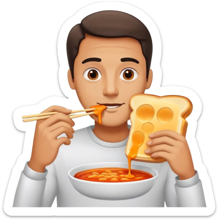 A man eating a grilled cheese sandwich with chopsticks and dipping it in hot sauce sticker