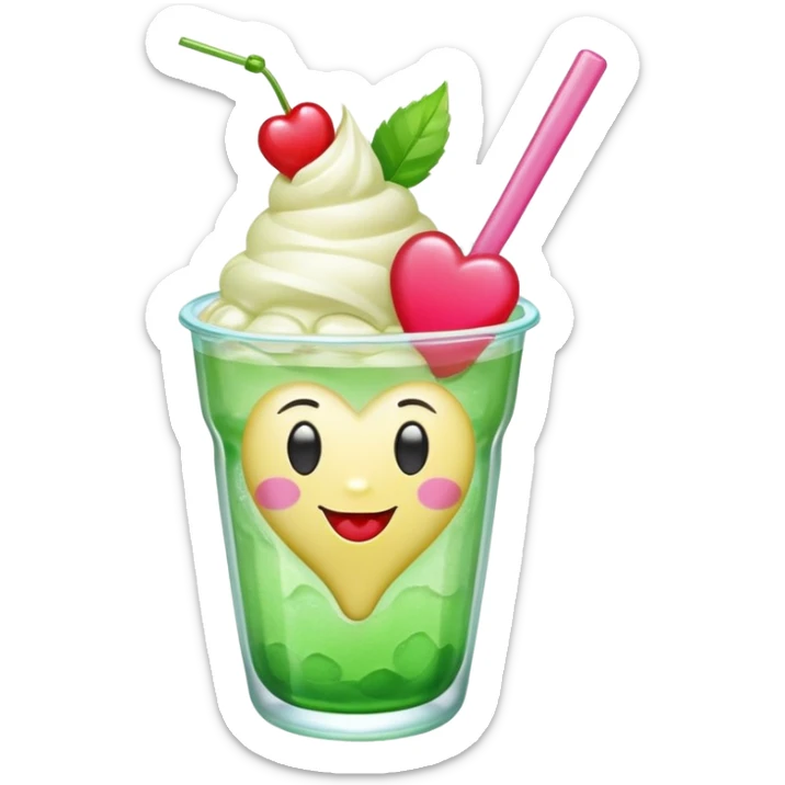 clear emoji-style of a green soda float with ice, vanilla ice cream scoop, two red cherries, pink heart-shaped straw, simple shapes, bright colors, glossy, kawaii style, centered, transparent background
 sticker